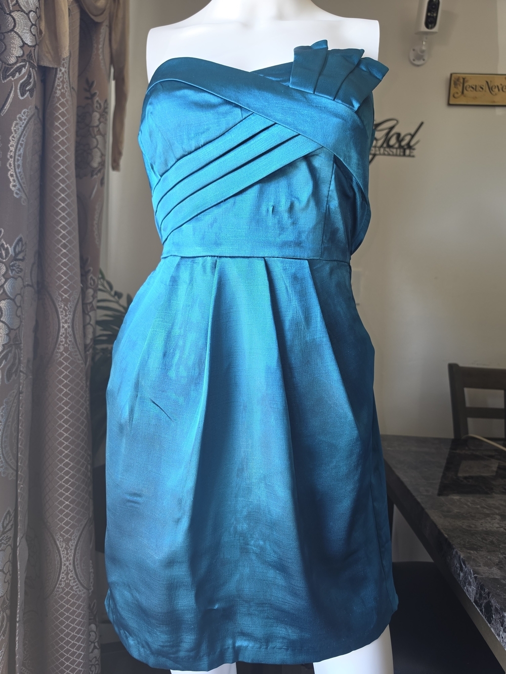 Teeze Me Teal Metallic Strapless Pleated Cocktail Dress With Pockets Size 5